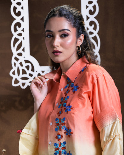 Pure Muslin Hand Embroidered Phulkari Shirt - Ombre Peach Yellow orange  Colours + Artisanal + Punjab + Tradition + Women + MakeInIndia + Handicraft + Blue red Motif + trend + festival wear + comfort wear + smart wear + trendy wear + indian ethnic + cultural wear + rakhi + diwali + ganesh cahturthi + friends wear + date wear + casual wear + indian wear + western wear + trendi attire