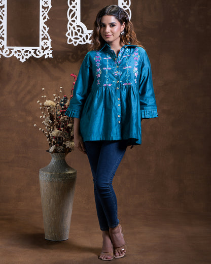 Pure Chanderi Silk Hand Embroidered Phulkari Shirt - Teal Blue Colours + Artisanal + Punjab + Tradition + Women + MakeInIndia + Handicraft + Blue red Motif + trend + festival wear + comfort wear + smart wear + trendy wear + indian ethnic + cultural wear + rakhi + diwali + ganesh cahturthi + friends wear + date wear + casual wear + indian wear + western wear + trendy attire + fashion + stylish + dinner