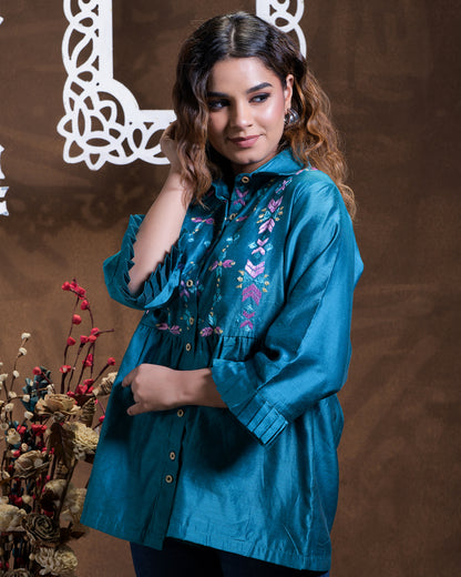 Pure Chanderi Silk Hand Embroidered Phulkari Shirt - Teal Blue Colours + Artisanal + Punjab + Tradition + Women + MakeInIndia + Handicraft + Blue red Motif + trend + festival wear + comfort wear + smart wear + trendy wear + indian ethnic + cultural wear + rakhi + diwali + ganesh cahturthi + friends wear + date wear + casual wear + indian wear + western wear + trendy attire + fashion + stylish + dinner