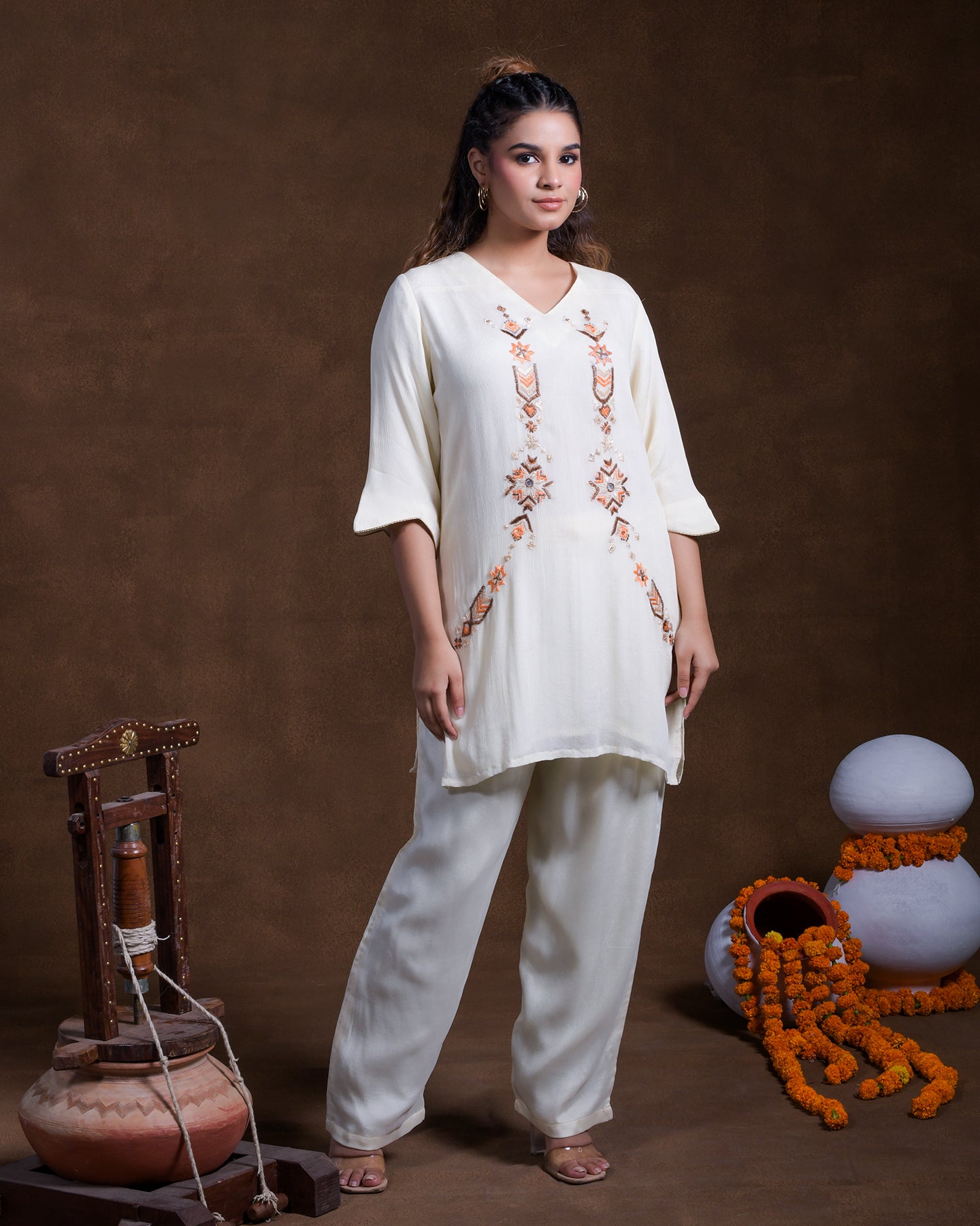 Pure Chinon Silk Hand Embroidered Phulkari top bottom coord set tunic kurti combination set- ivory gold beige cream Colours + Artisanal + Punjab + Tradition + Women + MakeInIndia + Handicraft + trend + festival wear + comfort wear + smart wear + trendy wear + indian ethnic + cultural wear + rakhi + diwali + ganesh cahturthi + friends wear + date wear + casual wear + indian wear + western wear + trendy attire + fashion + stylish + dinner + luxury + premium + royal + signature + clasic + best + top + luxury