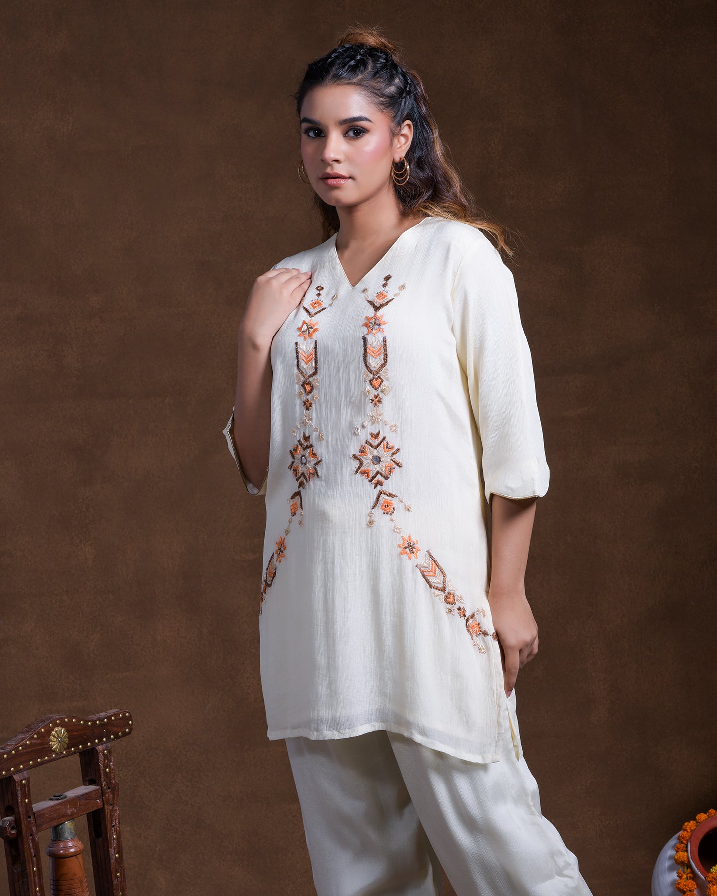 Pure Chinon Silk Hand Embroidered Phulkari top bottom coord set tunic kurti combination set- ivory gold beige cream Colours + Artisanal + Punjab + Tradition + Women + MakeInIndia + Handicraft + trend + festival wear + comfort wear + smart wear + trendy wear + indian ethnic + cultural wear + rakhi + diwali + ganesh cahturthi + friends wear + date wear + casual wear + indian wear + western wear + trendy attire + fashion + stylish + dinner + luxury + premium + royal + signature + clasic + best + top + luxury