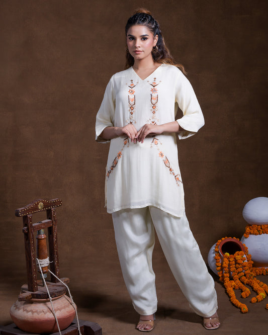 Pure Chinon Silk Hand Embroidered Phulkari top bottom coord set tunic kurti combination set- ivory gold beige cream Colours + Artisanal + Punjab + Tradition + Women + MakeInIndia + Handicraft + trend + festival wear + comfort wear + smart wear + trendy wear + indian ethnic + cultural wear + rakhi + diwali + ganesh cahturthi + friends wear + date wear + casual wear + indian wear + western wear + trendy attire + fashion + stylish + dinner + luxury + premium + royal + signature + clasic + best + top + luxury