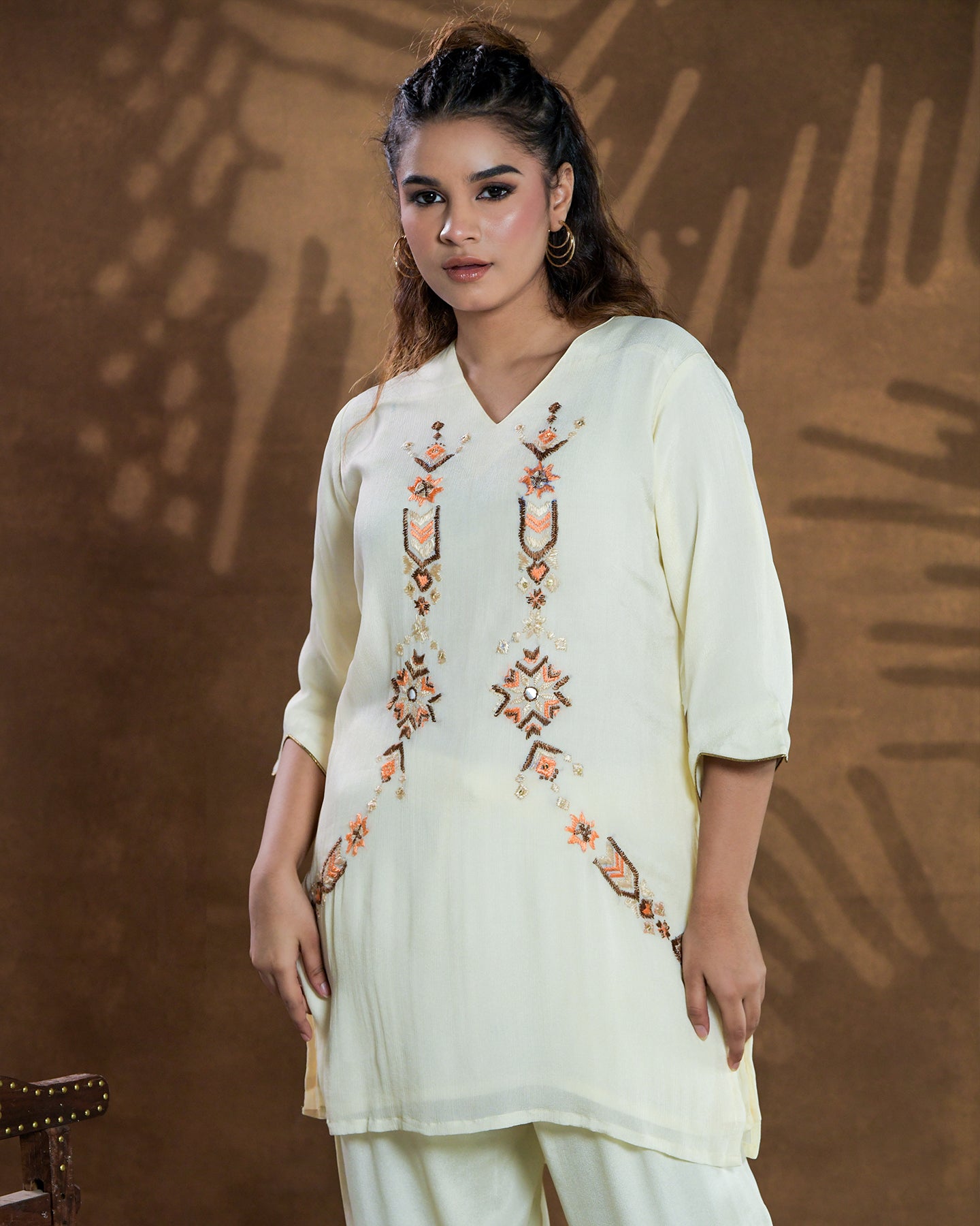 Pure Chinon Silk Hand Embroidered Phulkari top bottom coord set tunic kurti combination set- ivory gold beige cream Colours + Artisanal + Punjab + Tradition + Women + MakeInIndia + Handicraft + trend + festival wear + comfort wear + smart wear + trendy wear + indian ethnic + cultural wear + rakhi + diwali + ganesh cahturthi + friends wear + date wear + casual wear + indian wear + western wear + trendy attire + fashion + stylish + dinner + luxury + premium + royal + signature + clasic + best + top + luxury