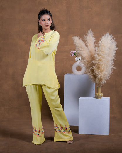 Pure Chinon Silk Hand Embroidered Phulkari top bottom coord set tunic kurti combination set- Lime yellow Colours + Artisanal + Punjab + Tradition + Women + MakeInIndia + Handicraft + trend + festival wear + comfort wear + smart wear + trendy wear + indian ethnic + cultural wear + rakhi + diwali + ganesh cahturthi + friends wear + date wear + casual wear + indian wear + western wear + trendy attire + fashion + stylish + dinner + luxury + premium + royal + signature + clasic