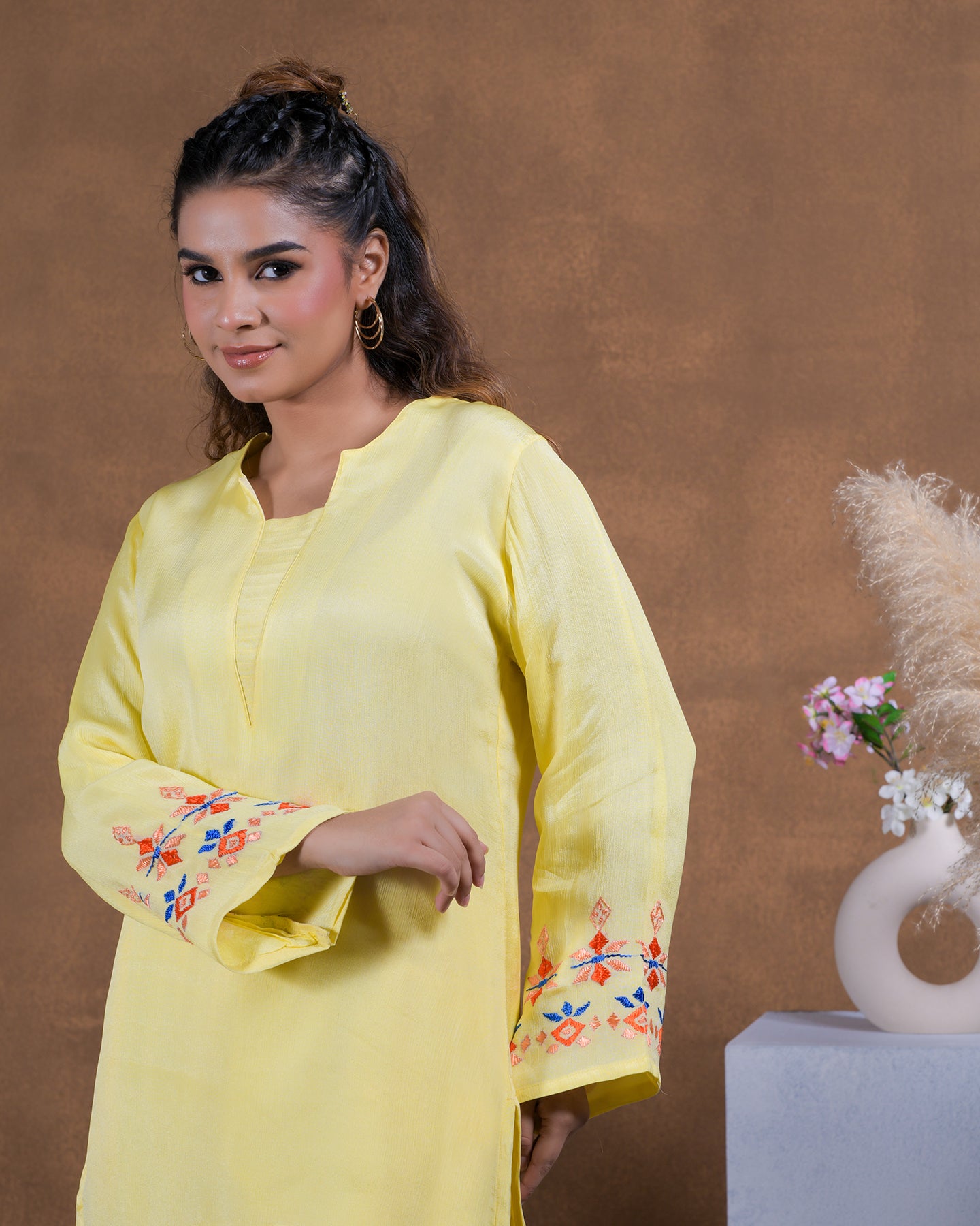 Pure Chinon Silk Hand Embroidered Phulkari top tunic kurti - Lime yellow Colours + Artisanal + Punjab + Tradition + Women + MakeInIndia + Handicraft + trend + festival wear + comfort wear + smart wear + trendy wear + indian ethnic + cultural wear + rakhi + diwali + ganesh cahturthi + friends wear + date wear + casual wear + indian wear + western wear + trendy attire + fashion + stylish + dinner + luxury + premium + royal + signature + classy