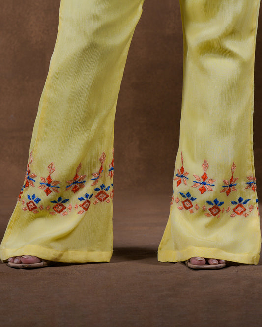 Pure Chinon Silk Hand Embroidered Phulkari top bottom coord set tunic kurti combination set- Lime yellow Colours + Artisanal + Punjab + Tradition + Women + MakeInIndia + Handicraft + trend + festival wear + comfort wear + smart wear + trendy wear + indian ethnic + cultural wear + rakhi + diwali + ganesh cahturthi + friends wear + date wear + casual wear + indian wear + western wear + trendy attire + fashion + stylish + dinner + luxury + premium + royal + signature + clasic