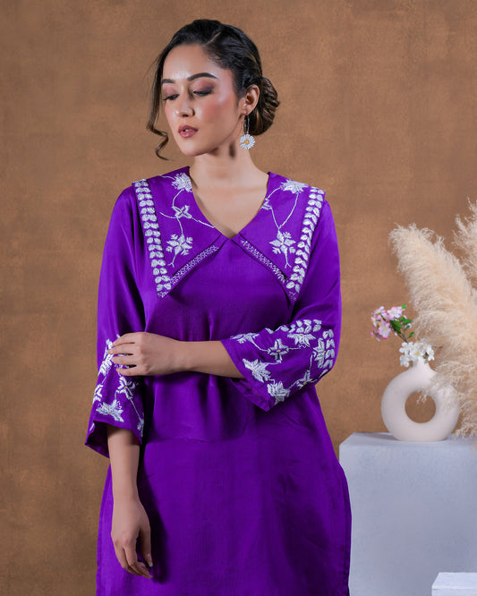 Pure Chinon Hand Embroidered Phulkari top shirt tunic kurti - Purple violet Colours + Artisanal + Punjab + Tradition + Women + MakeInIndia + Handicraft + trend + festival wear + comfort wear + smart wear + trendy wear + indian ethnic + cultural wear + rakhi + diwali + ganesh cahturthi + friends wear + date wear + casual wear + indian wear + western wear + trendy attire + fashion + stylish + dinner + luxury + premium + royal + signature + classy + branded