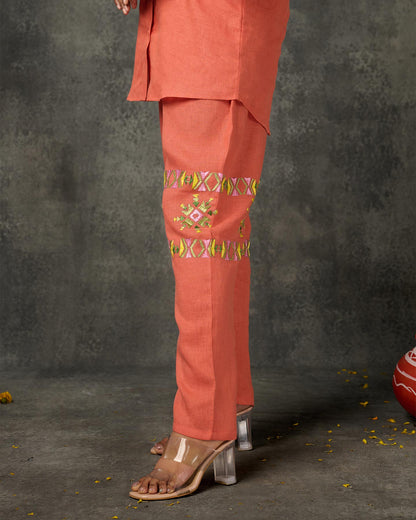 Pure Linen Hand Embroidered Phulkari Coord Set Top Bottom Pant - Coral Orange + Artisanal + Punjab + Tradition + Women + MakeInIndia + Handicraft + Panjab + Rang + Colours + Girl Clothing + Fulkari + Threads + Colours + Colors + Embroidery + Handwork + Artisan + Stylish