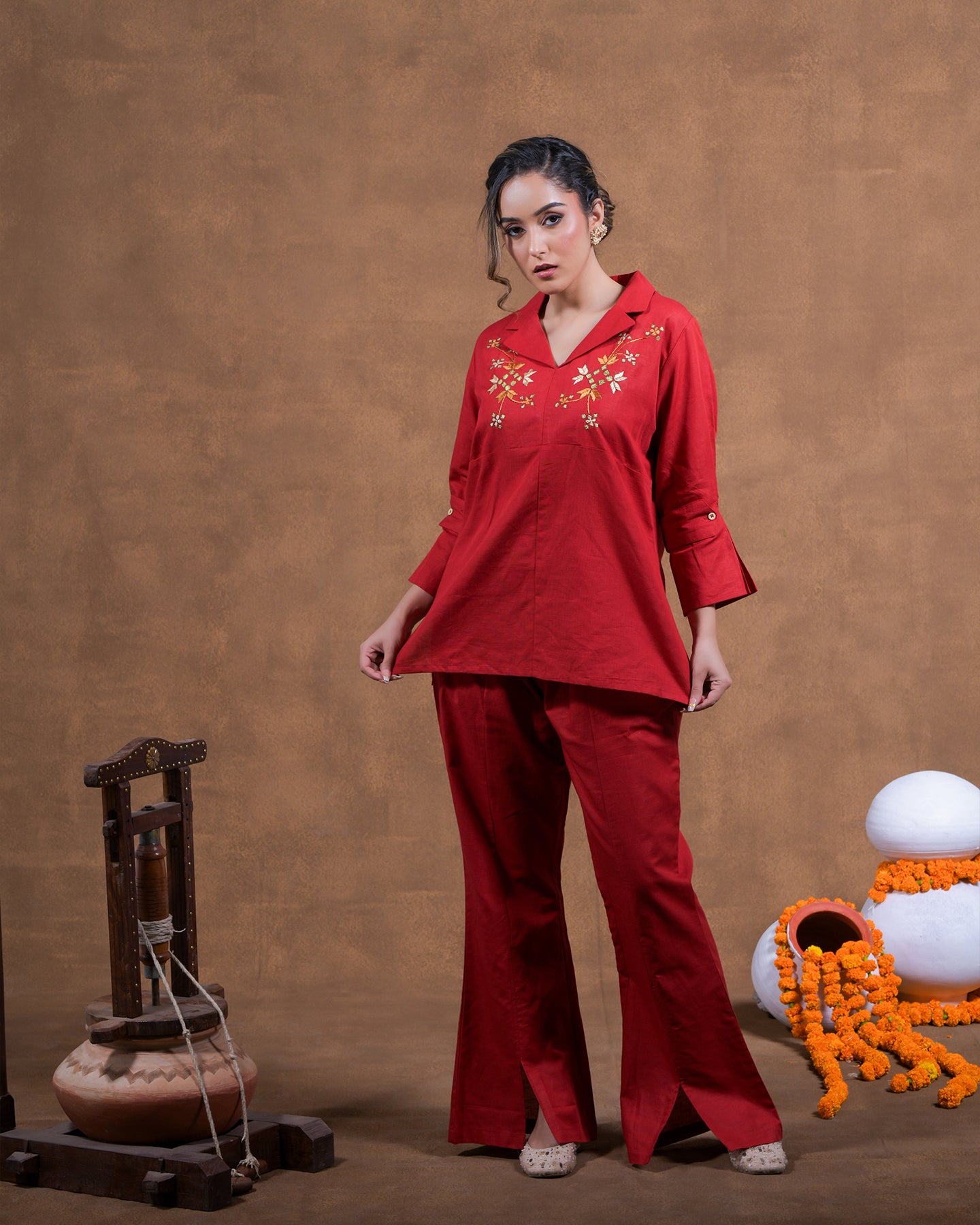 Pure Linen Cotton Hand Embroidered Phulkari top bottom coord set tunic kurti combination set- Scarlett Red Colours + Artisanal + Punjab + Tradition + Women + MakeInIndia + Handicraft + trend + festival wear + comfort wear + smart wear + trendy wear + indian ethnic + cultural wear + rakhi + diwali + ganesh cahturthi + friends wear + date wear + casual wear + indian wear + western wear + trendy attire + fashion + stylish + dinner + luxury + premium + royal + signature + clasic + floral