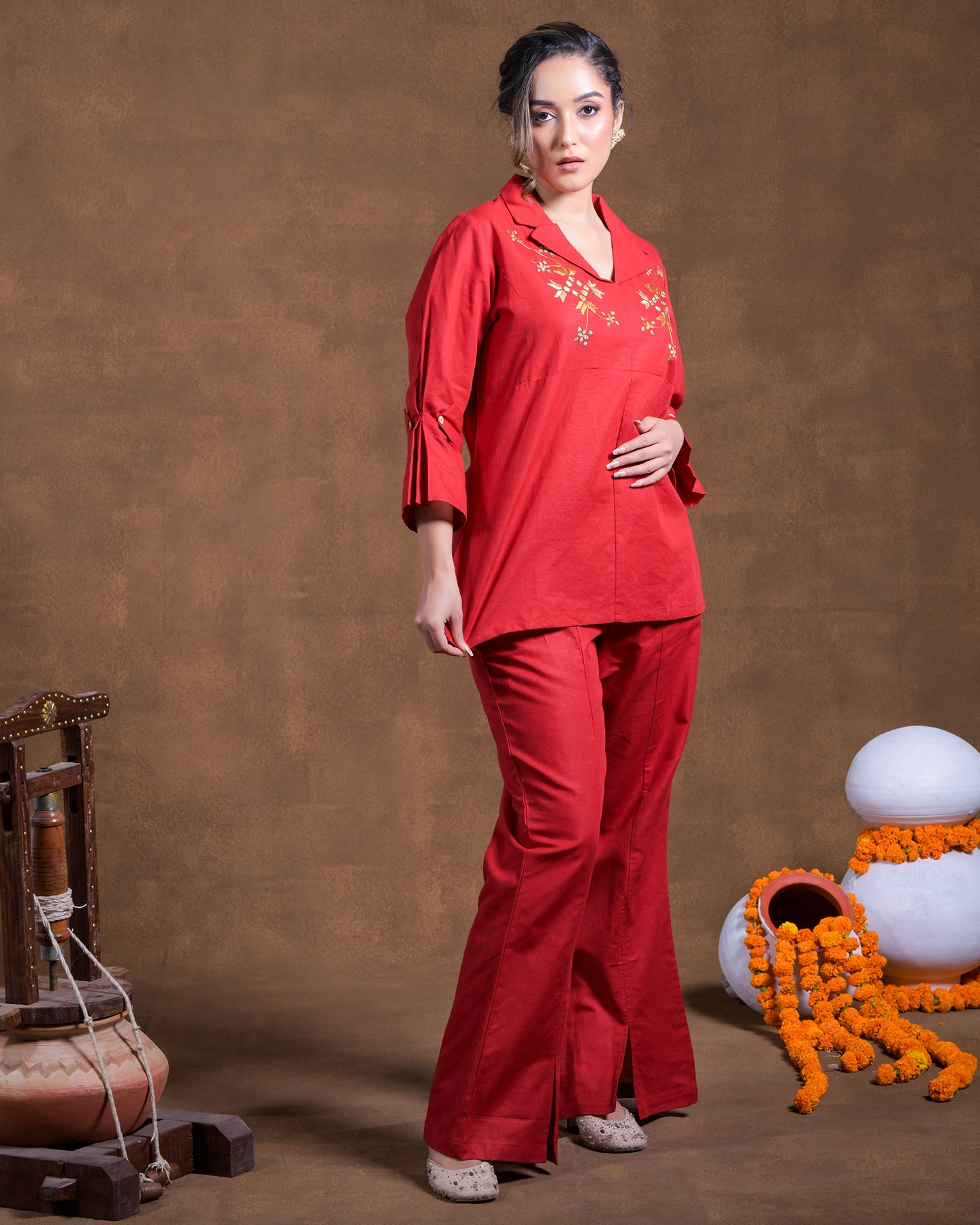 Pure Linen Cotton Hand Embroidered Phulkari top bottom coord set tunic kurti combination set- Scarlett Red Colours + Artisanal + Punjab + Tradition + Women + MakeInIndia + Handicraft + trend + festival wear + comfort wear + smart wear + trendy wear + indian ethnic + cultural wear + rakhi + diwali + ganesh cahturthi + friends wear + date wear + casual wear + indian wear + western wear + trendy attire + fashion + stylish + dinner + luxury + premium + royal + signature + clasic + floral