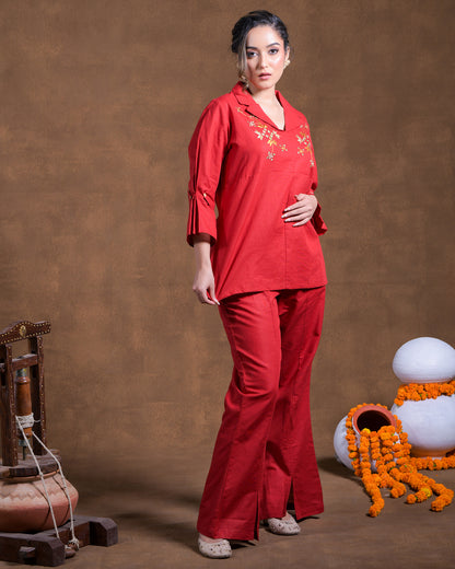 Pure Linen Cotton Hand Embroidered Phulkari top bottom coord set tunic kurti combination set- Scarlett Red Colours + Artisanal + Punjab + Tradition + Women + MakeInIndia + Handicraft + trend + festival wear + comfort wear + smart wear + trendy wear + indian ethnic + cultural wear + rakhi + diwali + ganesh cahturthi + friends wear + date wear + casual wear + indian wear + western wear + trendy attire + fashion + stylish + dinner + luxury + premium + royal + signature + clasic + floral