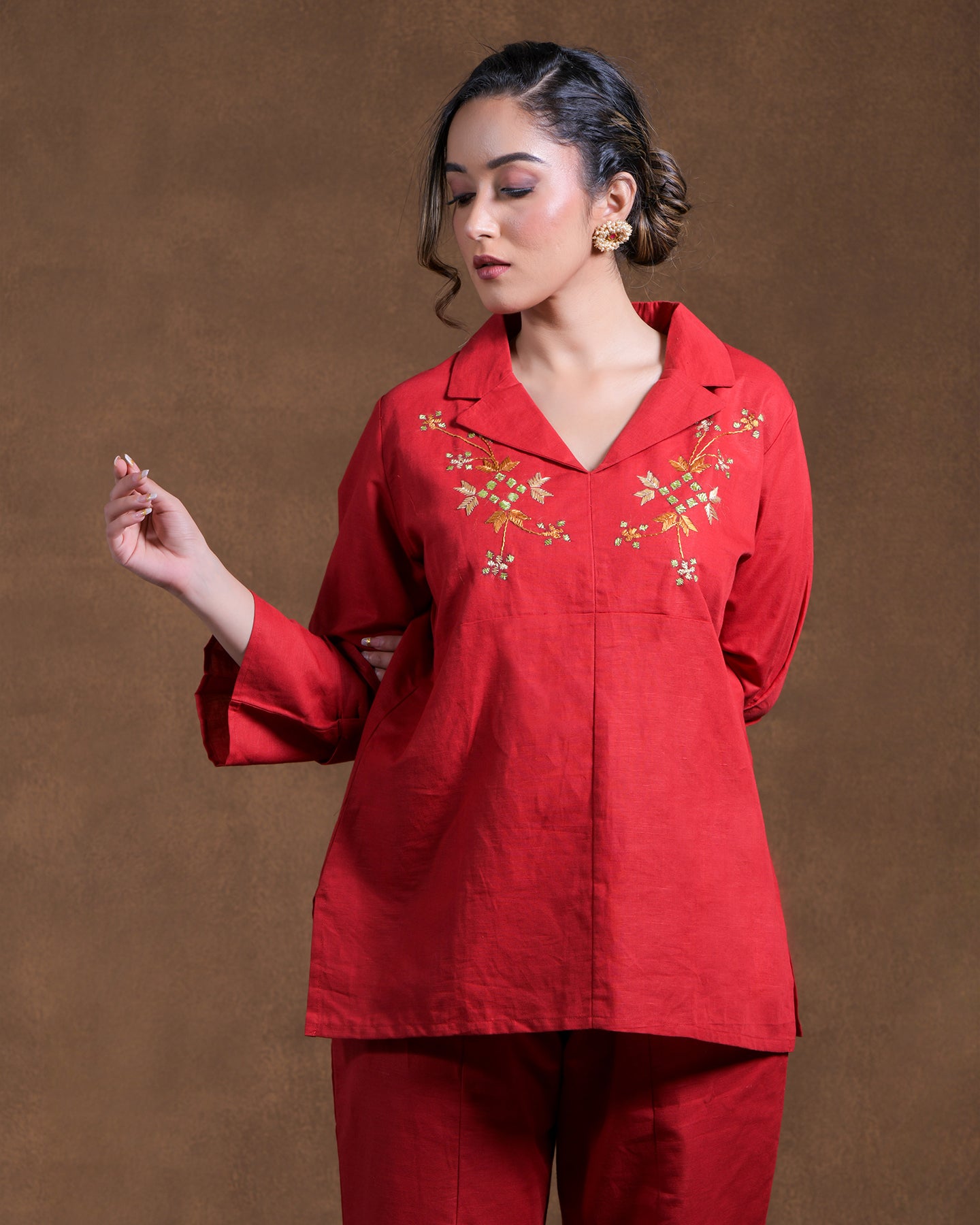 Pure Linen Cotton Hand Embroidered Phulkari top bottom coord set tunic kurti combination set- Scarlett Red Colours + Artisanal + Punjab + Tradition + Women + MakeInIndia + Handicraft + trend + festival wear + comfort wear + smart wear + trendy wear + indian ethnic + cultural wear + rakhi + diwali + ganesh cahturthi + friends wear + date wear + casual wear + indian wear + western wear + trendy attire + fashion + stylish + dinner + luxury + premium + royal + signature + clasic + floral