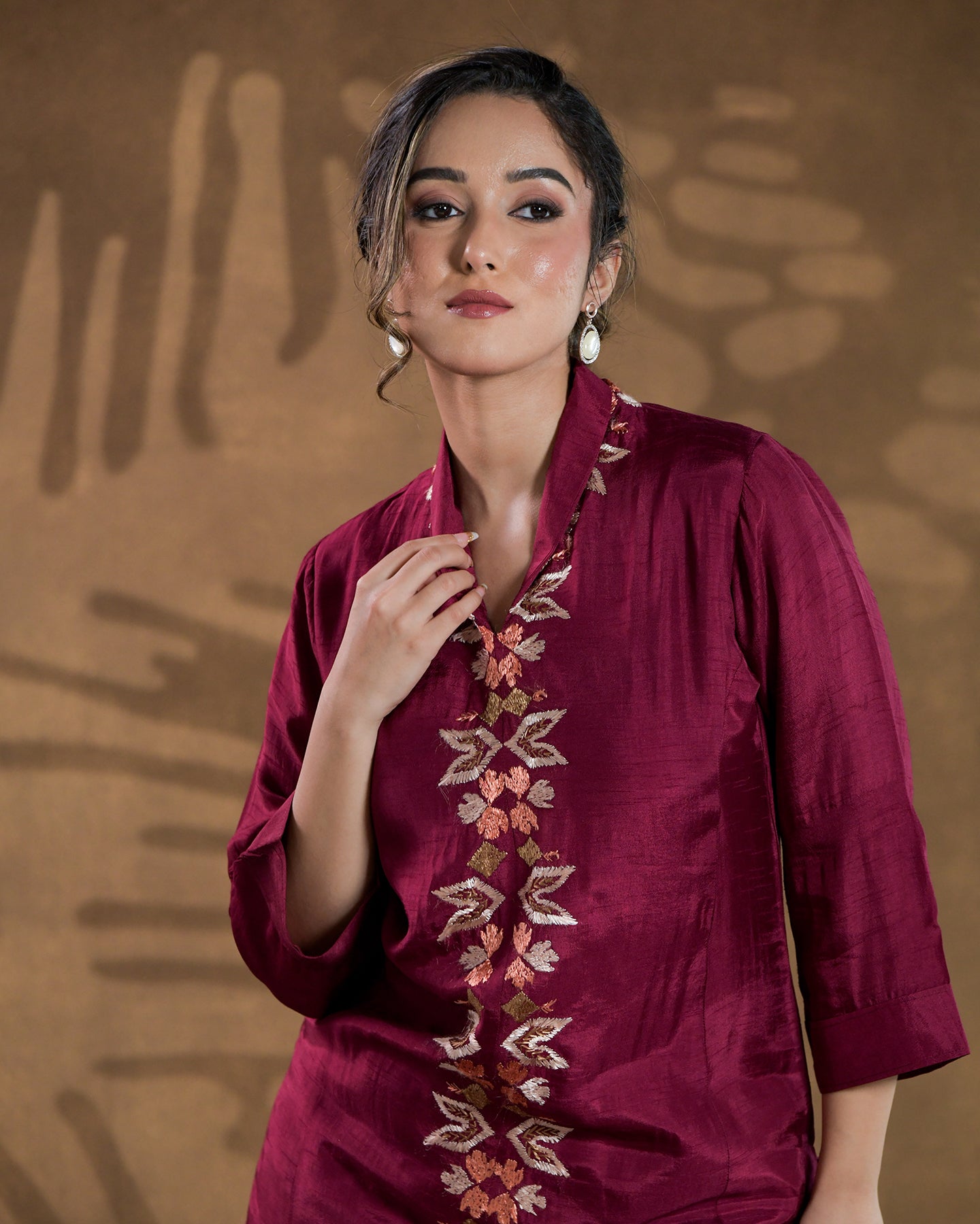 Pure Dola Silk Hand Embroidered Phulkari top bottom coord set tunic kurti combination set- red maroon burgandy Colours + Artisanal + Punjab + Tradition + Women + MakeInIndia + Handicraft + trend + festival wear + comfort wear + smart wear + trendy wear + indian ethnic + cultural wear + rakhi + diwali + ganesh cahturthi + friends wear + date wear + casual wear + indian wear + western wear + trendy attire + fashion + stylish + dinner + luxury + premium + royal + signature + clasic + elegant + best + modern