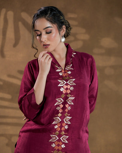 Pure Dola Silk Hand Embroidered Phulkari top bottom coord set tunic kurti combination set- red maroon burgandy Colours + Artisanal + Punjab + Tradition + Women + MakeInIndia + Handicraft + trend + festival wear + comfort wear + smart wear + trendy wear + indian ethnic + cultural wear + rakhi + diwali + ganesh cahturthi + friends wear + date wear + casual wear + indian wear + western wear + trendy attire + fashion + stylish + dinner + luxury + premium + royal + signature + clasic + elegant + best + modern