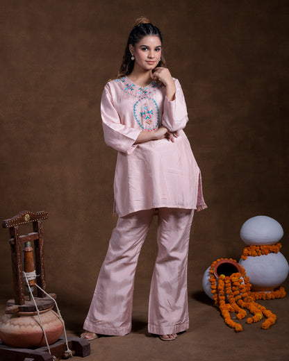 Pure Dola Silk Hand Embroidered Phulkari top bottom coord set tunic kurti combination set- soft pink Colours + Artisanal + Punjab + Tradition + Women + MakeInIndia + Handicraft + trend + festival wear + comfort wear + smart wear + trendy wear + indian ethnic + cultural wear + rakhi + diwali + ganesh cahturthi + friends wear + date wear + casual wear + indian wear + western wear + trendy attire + fashion + stylish + dinner + luxury + premium + royal + signature + clasic