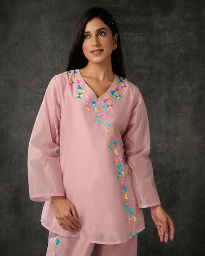 Pure Chanderi Hand Embroidered Phulkari Top - Mauve Pink + Artisanal + Punjab + Tradition + Women + MakeInIndia + Handicraft + Panjab + Rang + Colours + Girl Clothing + Fulkari + Threads + Colours + Colors + Embroidery + Handwork + Artisan