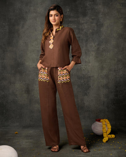 Pure Linen Hand Embroidered Phulkari Coord Set Top Bottom Pant - Coffee Brown + Artisanal + Punjab + Tradition + Women + MakeInIndia + Handicraft + Panjab + Rang + Colours + Girl Clothing + Fulkari + Threads + Colours + Colors + Embroidery + Handwork + Artisan