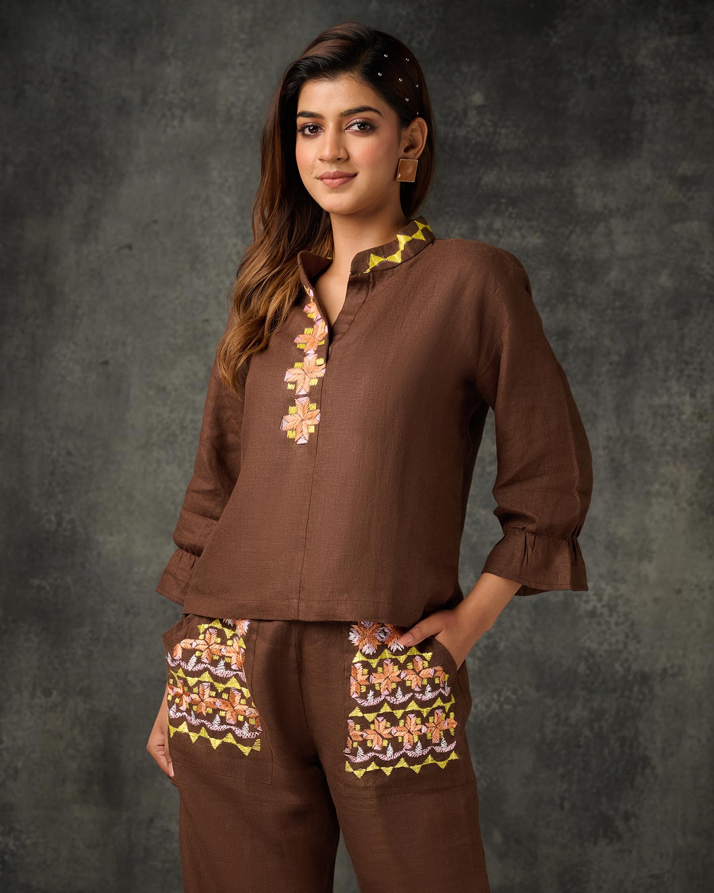 Pure Linen Hand Embroidered Phulkari Coord Set Top Bottom Pant - Coffee Brown + Artisanal + Punjab + Tradition + Women + MakeInIndia + Handicraft + Panjab + Rang + Colours + Girl Clothing + Fulkari + Threads + Colours + Colors + Embroidery + Handwork + Artisan + signature