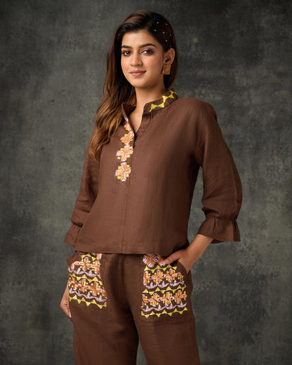 Pure Linen Hand Embroidered Phulkari Pant - Coffee Brown + Artisanal + Punjab + Tradition + Women + MakeInIndia + Handicraft + Panjab + Rang + Colours + Girl Clothing + Fulkari + Threads + Colours + Colors + Embroidery + Handwork + Artisan + Bottom