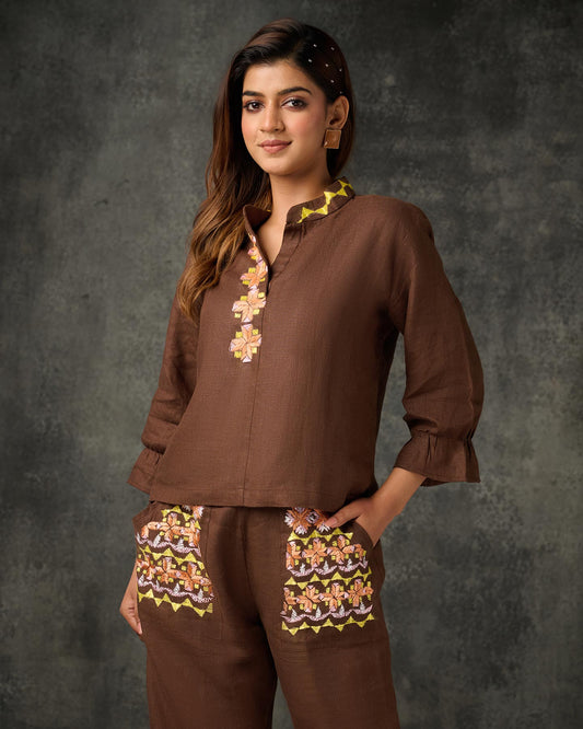 Pure Linen Hand Embroidered Phulkari Top - Coffee Brown + Artisanal + Punjab + Tradition + Women + MakeInIndia + Handicraft + Panjab + Rang + Colours + Girl Clothing + Fulkari + Threads + Colours + Colors + Embroidery + Handwork + Artisan + Shirt