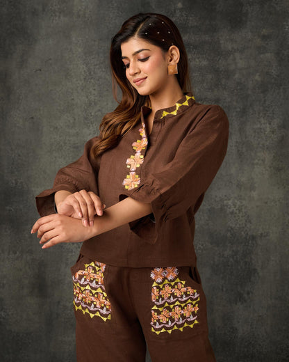 Pure Linen Hand Embroidered Phulkari Top - Coffee Brown + Artisanal + Punjab + Tradition + Women + MakeInIndia + Handicraft + Panjab + Rang + Colours + Girl Clothing + Fulkari + Threads + Colours + Colors + Embroidery + Handwork + Artisan + Shirt