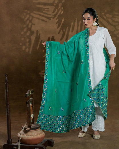 Pure Chanderi Silk Hand Embroidered Phulkari Dupatta - Gracious Green