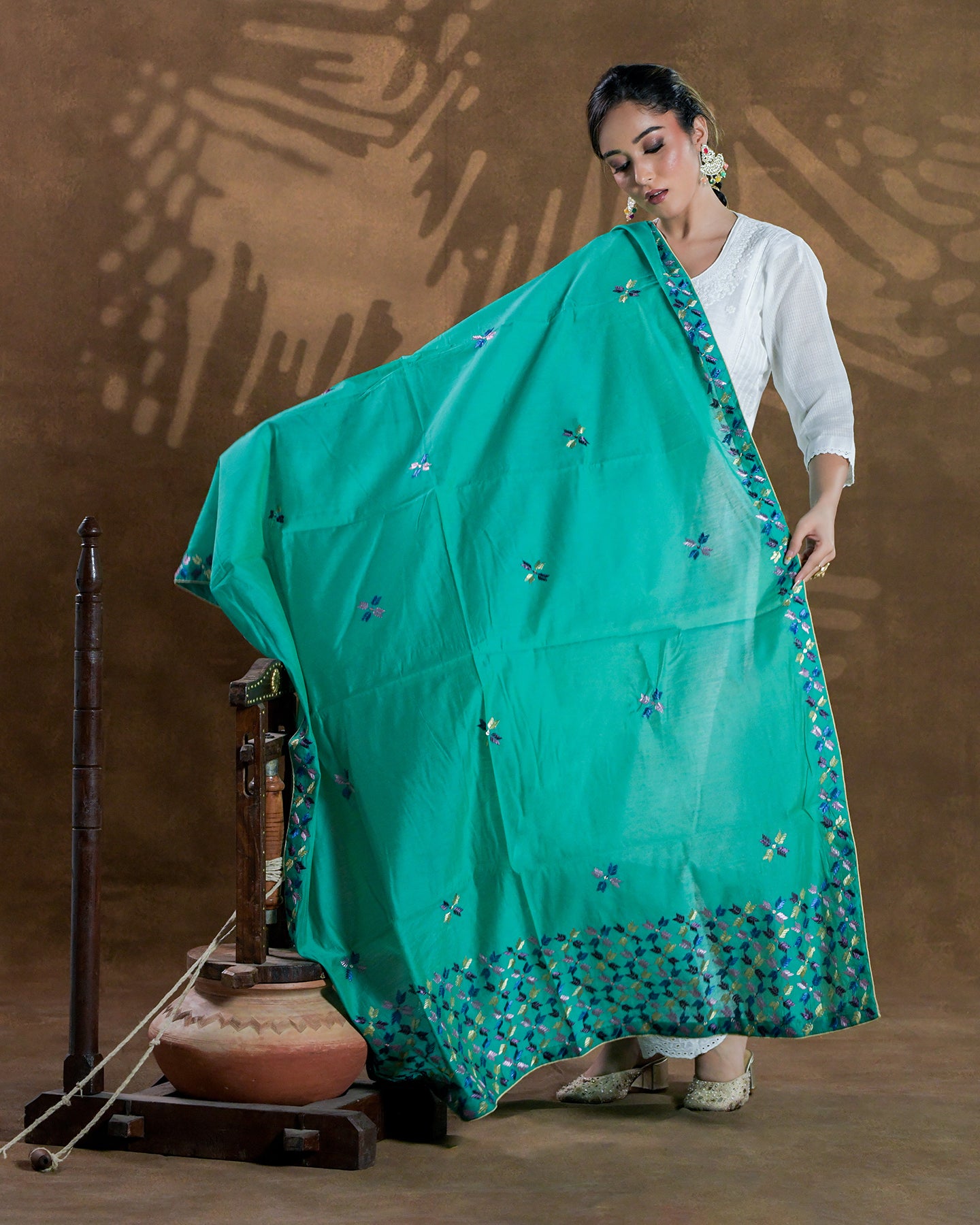 Pure Chanderi Silk Hand Embroidered Phulkari Dupatta - Gracious green+  multicolor + royal + antique + Artisanal + Punjab + Tradition + Women + MakeInIndia + Handicraft + Panjab + Rang + Colours + Girl Clothing + Fulkari + Threads + Colours + Colors + Embroidery + Handwork + Artisan + Stylish + Royalty + Royal + Decoration + Decor+ Heritage Punjab + NRI + shagan + sangeet + wedding + vyah + engagement + party + best + top + premium + import + export + shahi + gift + unique + light + heavy + rural + patiala