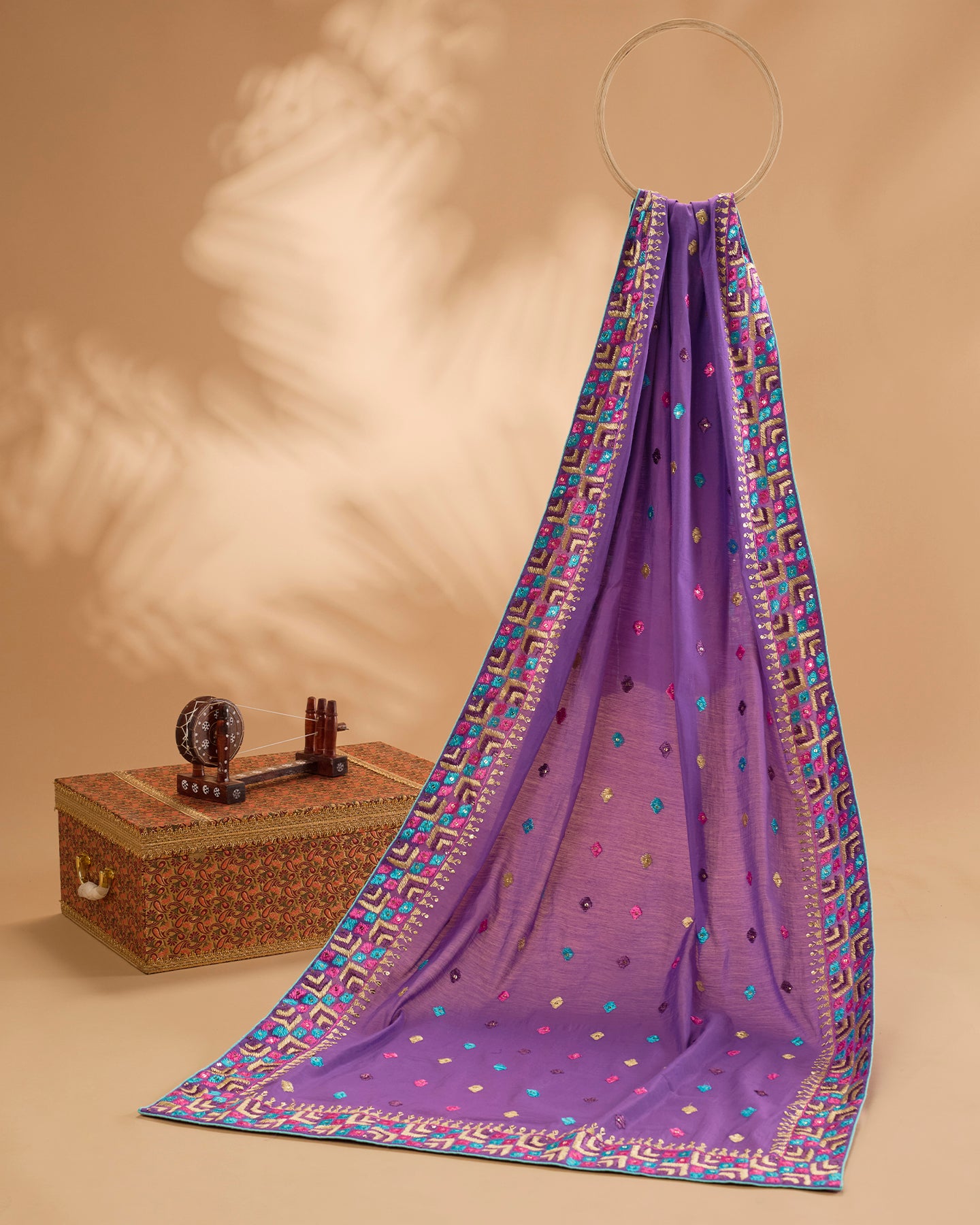 Pure Chanderi Hand Embroidered Phulkari Dupatta - Luxury Purple +  multicolor + royal + antique + Artisanal + Punjab + Tradition + Women + MakeInIndia + Handicraft + Panjab + Rang + Colours + Girl Clothing + Fulkari + Threads + Colours + Colors + Embroidery + Handwork + Artisan + Stylish + Royalty + Royal + Decoration + Decor+ Heritage Punjab + NRI