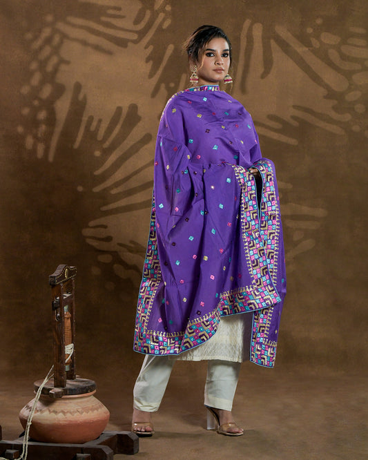 Pure Chanderi Silk Hand Embroidered Phulkari Dupatta - Luxury Purple +  multicolor + royal + antique + Artisanal + Punjab + Tradition + Women + MakeInIndia + Handicraft + Panjab + Rang + Colours + Girl Clothing + Fulkari + Threads + Colours + Colors + Embroidery + Handwork + Artisan + Stylish + Royalty + Royal + Decoration + Decor+ Heritage Punjab + NRI + shagan + sangeet + wedding + vyah + engagement + party + best + top + premium + import + export + shahi + gift + unique + light + heavy + rural + patiala