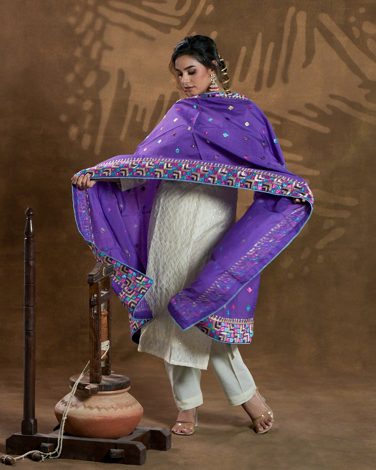 Pure Chanderi Silk Hand Embroidered Phulkari Dupatta - Luxury Purple +  multicolor + royal + antique + Artisanal + Punjab + Tradition + Women + MakeInIndia + Handicraft + Panjab + Rang + Colours + Girl Clothing + Fulkari + Threads + Colours + Colors + Embroidery + Handwork + Artisan + Stylish + Royalty + Royal + Decoration + Decor+ Heritage Punjab + NRI + shagan + sangeet + wedding + vyah + engagement + party + best + top + premium + import + export + shahi + gift + unique + light + heavy + rural + patiala