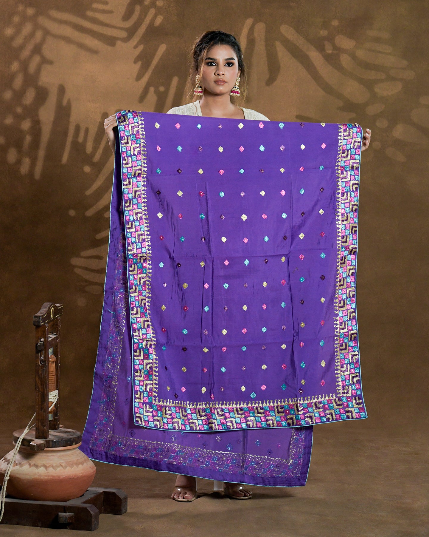 Pure Chanderi Silk Hand Embroidered Phulkari Dupatta - Luxury Purple +  multicolor + royal + antique + Artisanal + Punjab + Tradition + Women + MakeInIndia + Handicraft + Panjab + Rang + Colours + Girl Clothing + Fulkari + Threads + Colours + Colors + Embroidery + Handwork + Artisan + Stylish + Royalty + Royal + Decoration + Decor+ Heritage Punjab + NRI + shagan + sangeet + wedding + vyah + engagement + party + best + top + premium + import + export + shahi + gift + unique + light + heavy + rural + patiala