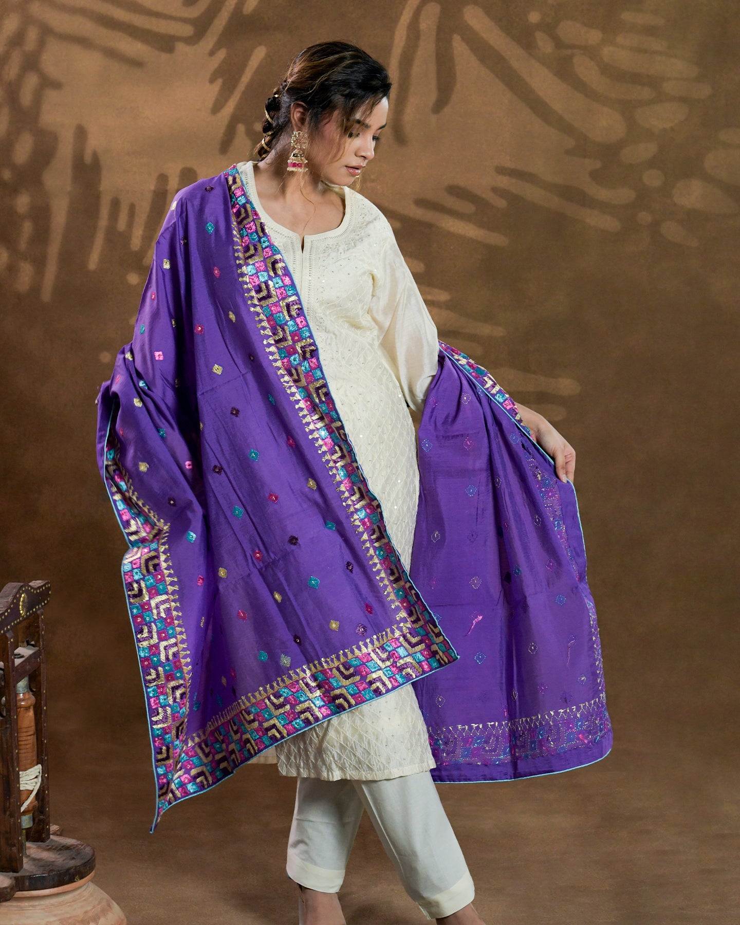 Pure Chanderi Silk Hand Embroidered Phulkari Dupatta - Luxury Purple +  multicolor + royal + antique + Artisanal + Punjab + Tradition + Women + MakeInIndia + Handicraft + Panjab + Rang + Colours + Girl Clothing + Fulkari + Threads + Colours + Colors + Embroidery + Handwork + Artisan + Stylish + Royalty + Royal + Decoration + Decor+ Heritage Punjab + NRI + shagan + sangeet + wedding + vyah + engagement + party + best + top + premium + import + export + shahi + gift + unique + light + heavy + rural + patiala