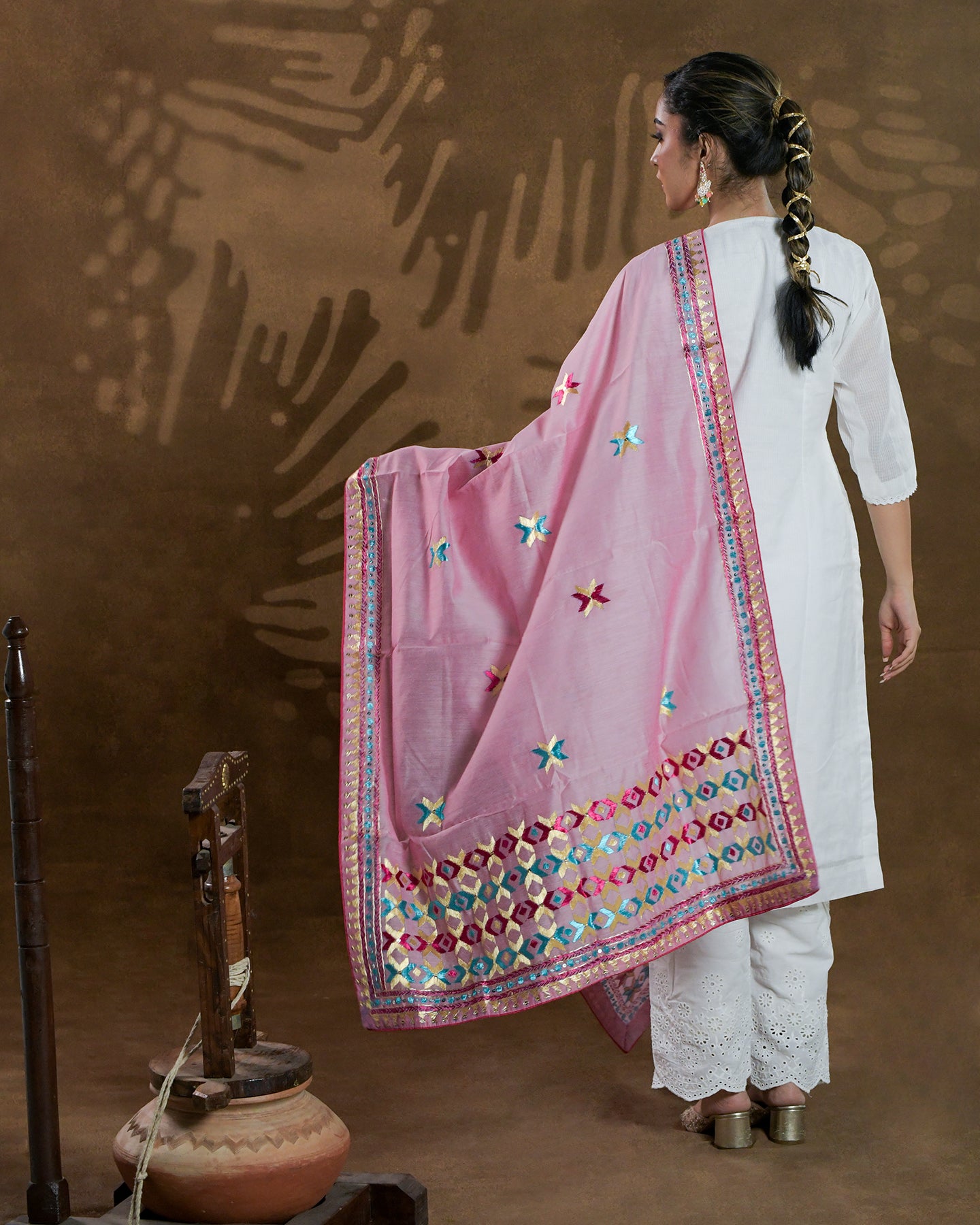 Pure Chanderi Silk Hand Embroidered Phulkari Dupatta - Pinky Pink +  multicolor + royal + antique + Artisanal + Punjab + Tradition + Women + MakeInIndia + Handicraft + Panjab + Rang + Colours + Girl Clothing + Fulkari + Threads + Colours + Colors + Embroidery + Handwork + Artisan + Stylish + Royalty + Royal + Decoration + Decor+ Heritage Punjab + NRI + shagan + sangeet + wedding + vyah + engagement + party + best + top + premium + import + export + shahi + gift + unique + light + heavy + rural + patiala