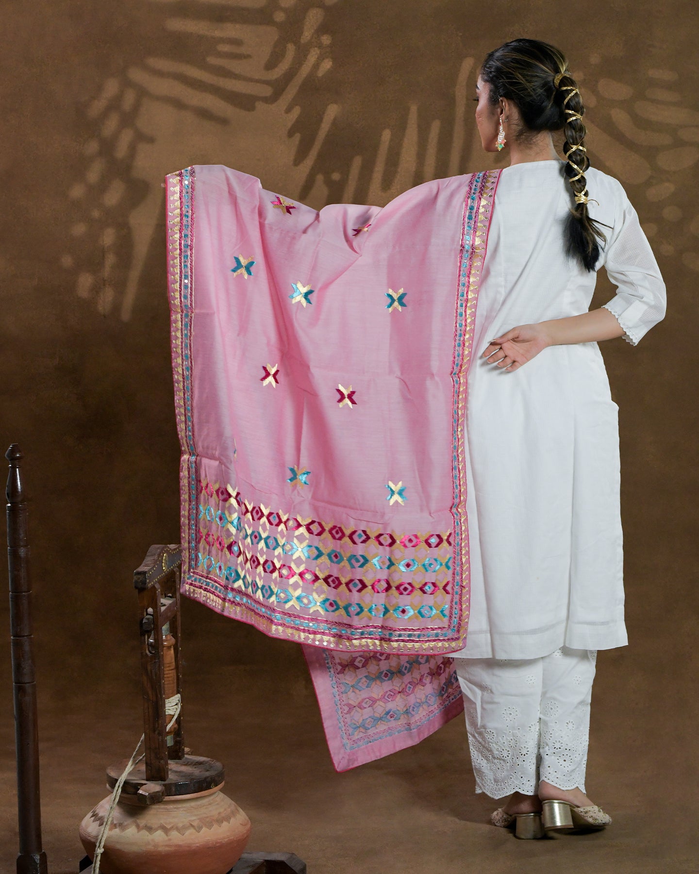 Pure Chanderi Silk Hand Embroidered Phulkari Dupatta - Pinky Pink +  multicolor + royal + antique + Artisanal + Punjab + Tradition + Women + MakeInIndia + Handicraft + Panjab + Rang + Colours + Girl Clothing + Fulkari + Threads + Colours + Colors + Embroidery + Handwork + Artisan + Stylish + Royalty + Royal + Decoration + Decor+ Heritage Punjab + NRI + shagan + sangeet + wedding + vyah + engagement + party + best + top + premium + import + export + shahi + gift + unique + light + heavy + rural + patiala