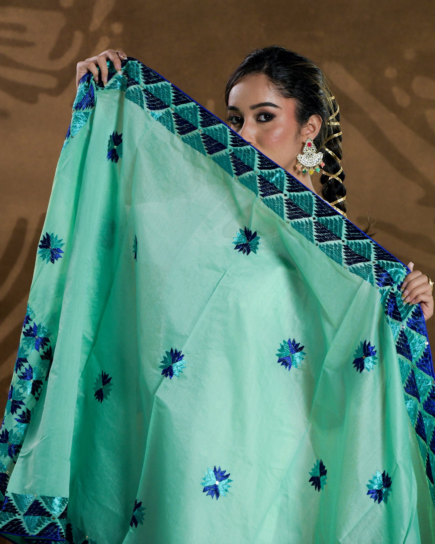 Pure Chanderi Silk Hand Embroidered Phulkari Dupatta - Green Blue +  multicolor + royal + antique + Artisanal + Punjab + Tradition + Women + MakeInIndia + Handicraft + Panjab + Rang + Colours + Girl Clothing + Fulkari + Threads + Colours + Colors + Embroidery + Handwork + Artisan + Stylish + Royalty + Royal + Decoration + Decor+ Heritage Punjab + NRI + shagan + sangeet + wedding + vyah + engagement + party + best + top + premium + import + export + shahi + gift + unique + light + heavy + rural + patiala