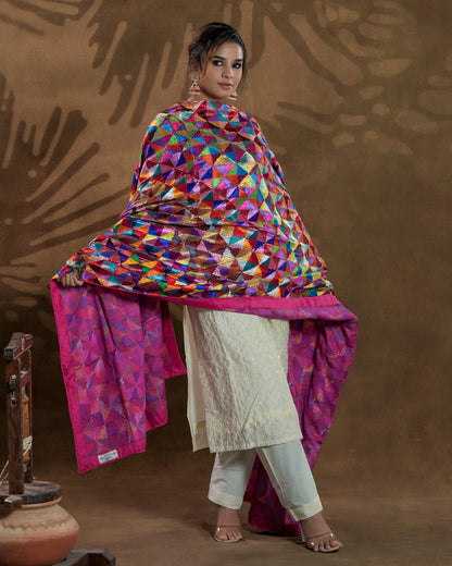 Pure Chinon Silk Hand Embroidered Phulkari Dupatta - 68 colors + bagh +  multicolor + royal + antique + Artisanal + Punjab + Tradition + Women + MakeInIndia + Handicraft + Panjab + Rang + Colours + Girl Clothing + Fulkari + Threads + Colours + Colors + Embroidery + Handwork + Artisan + Stylish + bride + Royal + Decoration + Decor+ Heritage Punjab + NRI + shagan + sangeet + wedding + vyah + engagement + party + best + top + premium + import + export + shahi + gift + unique + light + heavy + rural + patiala