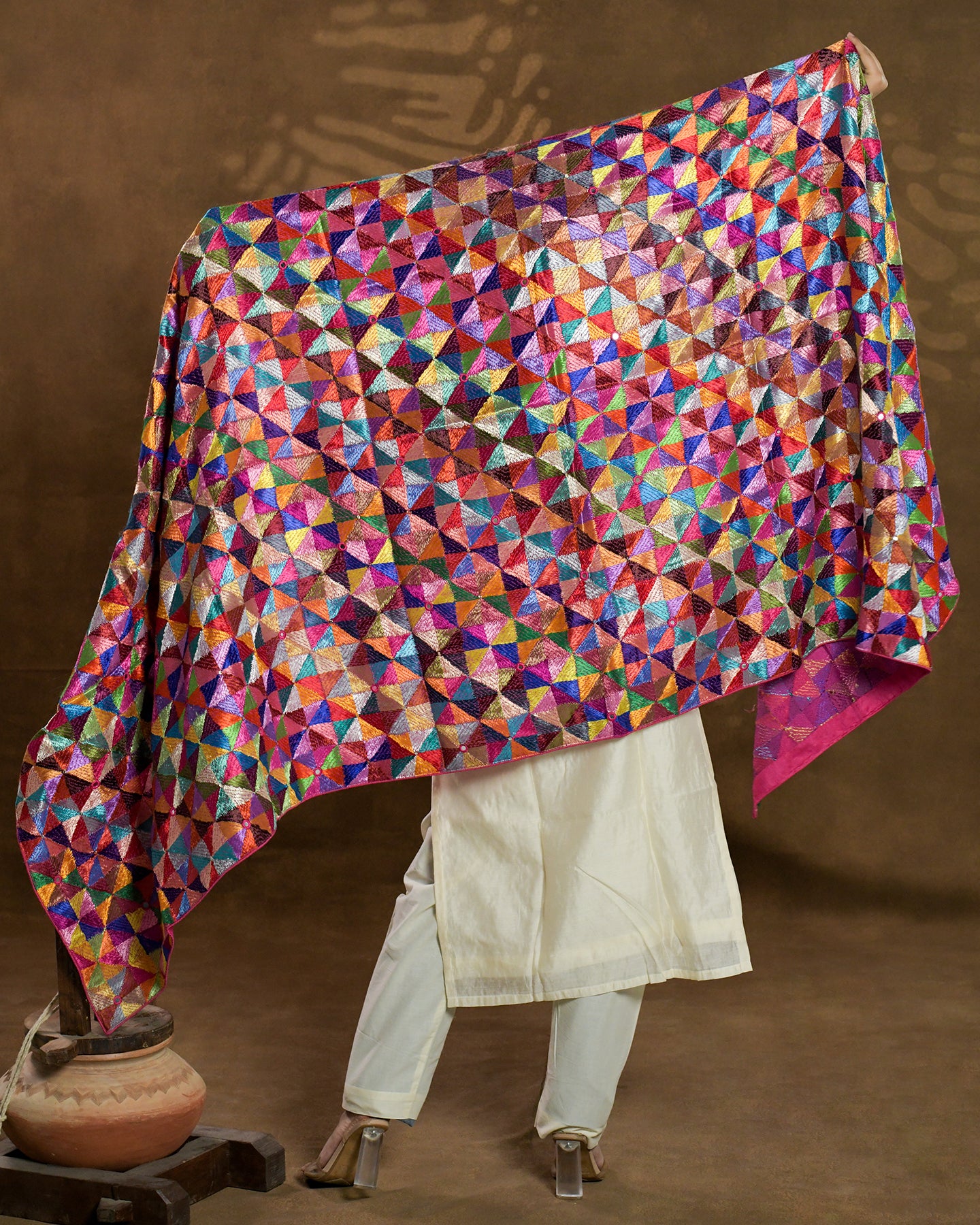 Pure Chinon Silk Hand Embroidered Phulkari Dupatta - 68 colors + bagh +  multicolor + royal + antique + Artisanal + Punjab + Tradition + Women + MakeInIndia + Handicraft + Panjab + Rang + Colours + Girl Clothing + Fulkari + Threads + Colours + Colors + Embroidery + Handwork + Artisan + Stylish + bride + Royal + Decoration + Decor+ Heritage Punjab + NRI + shagan + sangeet + wedding + vyah + engagement + party + best + top + premium + import + export + shahi + gift + unique + light + heavy + rural + patiala