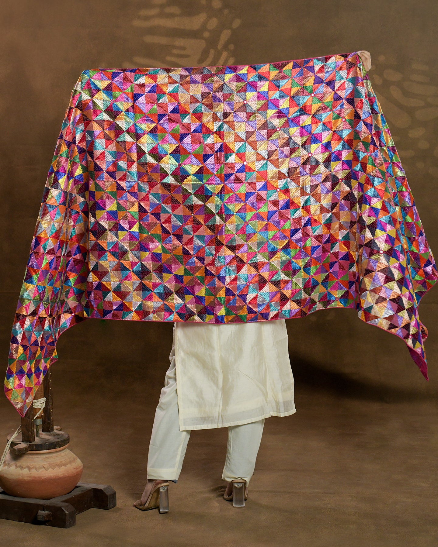 Pure Chinon Silk Hand Embroidered Phulkari Dupatta - 68 colors + bagh +  multicolor + royal + antique + Artisanal + Punjab + Tradition + Women + MakeInIndia + Handicraft + Panjab + Rang + Colours + Girl Clothing + Fulkari + Threads + Colours + Colors + Embroidery + Handwork + Artisan + Stylish + bride + Royal + Decoration + Decor+ Heritage Punjab + NRI + shagan + sangeet + wedding + vyah + engagement + party + best + top + premium + import + export + shahi + gift + unique + light + heavy + rural + patiala