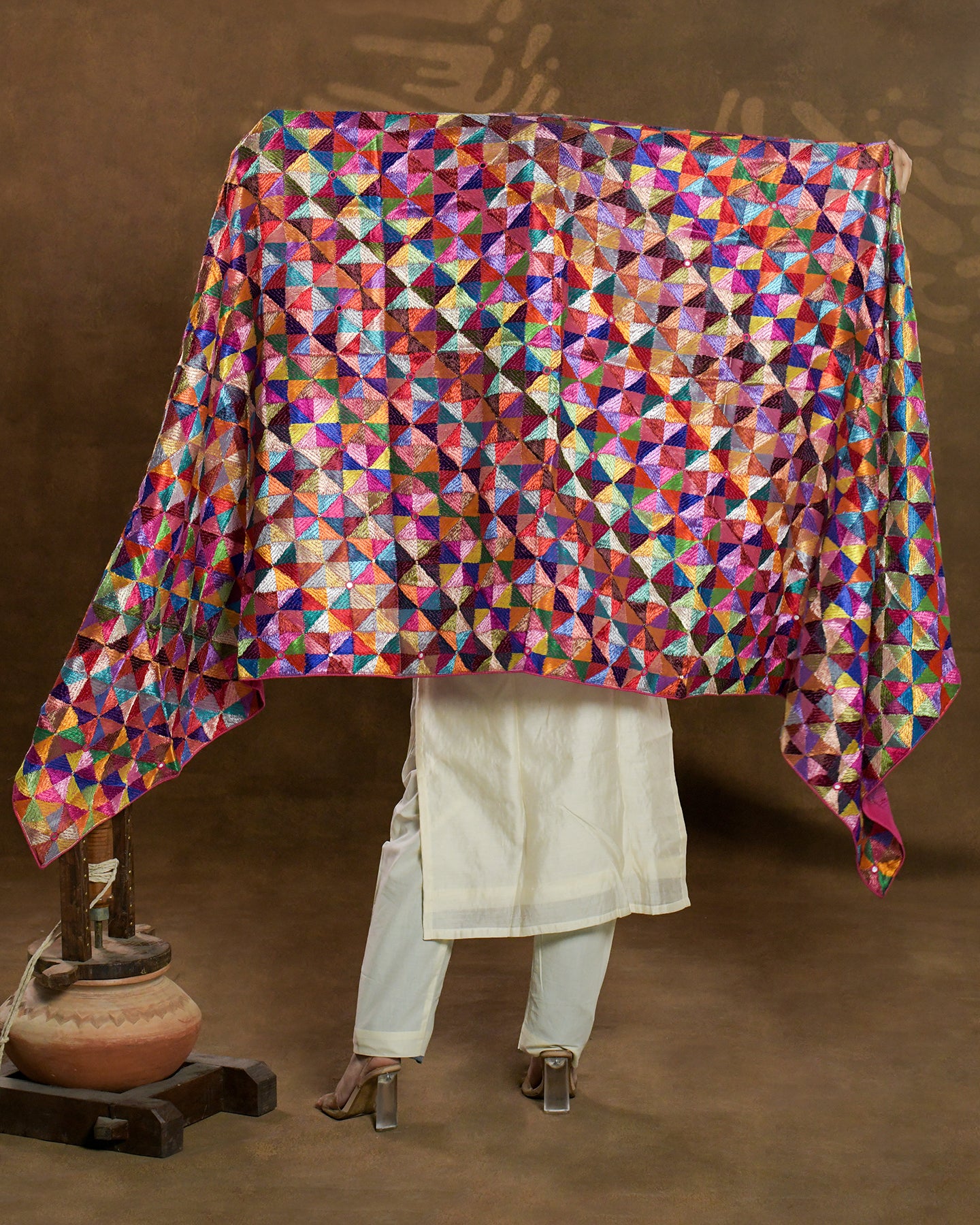 Pure Chinon Silk Hand Embroidered Phulkari Dupatta - 68 colors + bagh +  multicolor + royal + antique + Artisanal + Punjab + Tradition + Women + MakeInIndia + Handicraft + Panjab + Rang + Colours + Girl Clothing + Fulkari + Threads + Colours + Colors + Embroidery + Handwork + Artisan + Stylish + bride + Royal + Decoration + Decor+ Heritage Punjab + NRI + shagan + sangeet + wedding + vyah + engagement + party + best + top + premium + import + export + shahi + gift + unique + light + heavy + rural + patiala