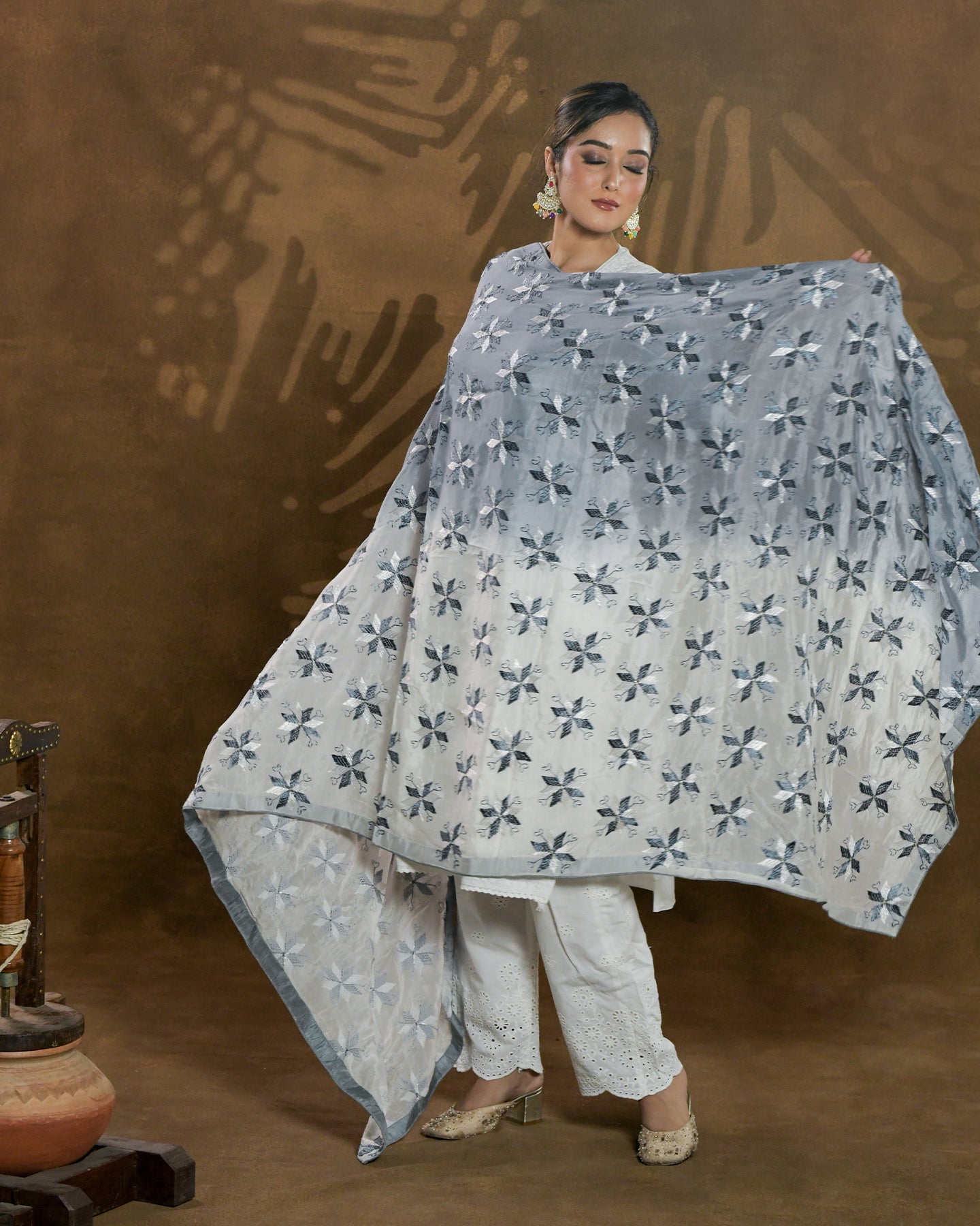 Pure Chinon Silk Hand Embroidered Phulkari Dupatta - Shaded Grey White+  multicolor + royal + antique + Artisanal + Punjab + Tradition + Women + MakeInIndia + Handicraft + Panjab + Rang + Colours + Girl Clothing + Fulkari + Threads + Colours + Colors + Embroidery + Handwork + Artisan + Stylish + Royalty + Royal + Decoration + Decor+ Heritage Punjab + NRI + shagan + sangeet + wedding + vyah + engagement + party + best + top + premium + import + export + shahi + gift + unique + light + heavy + rural + patiala