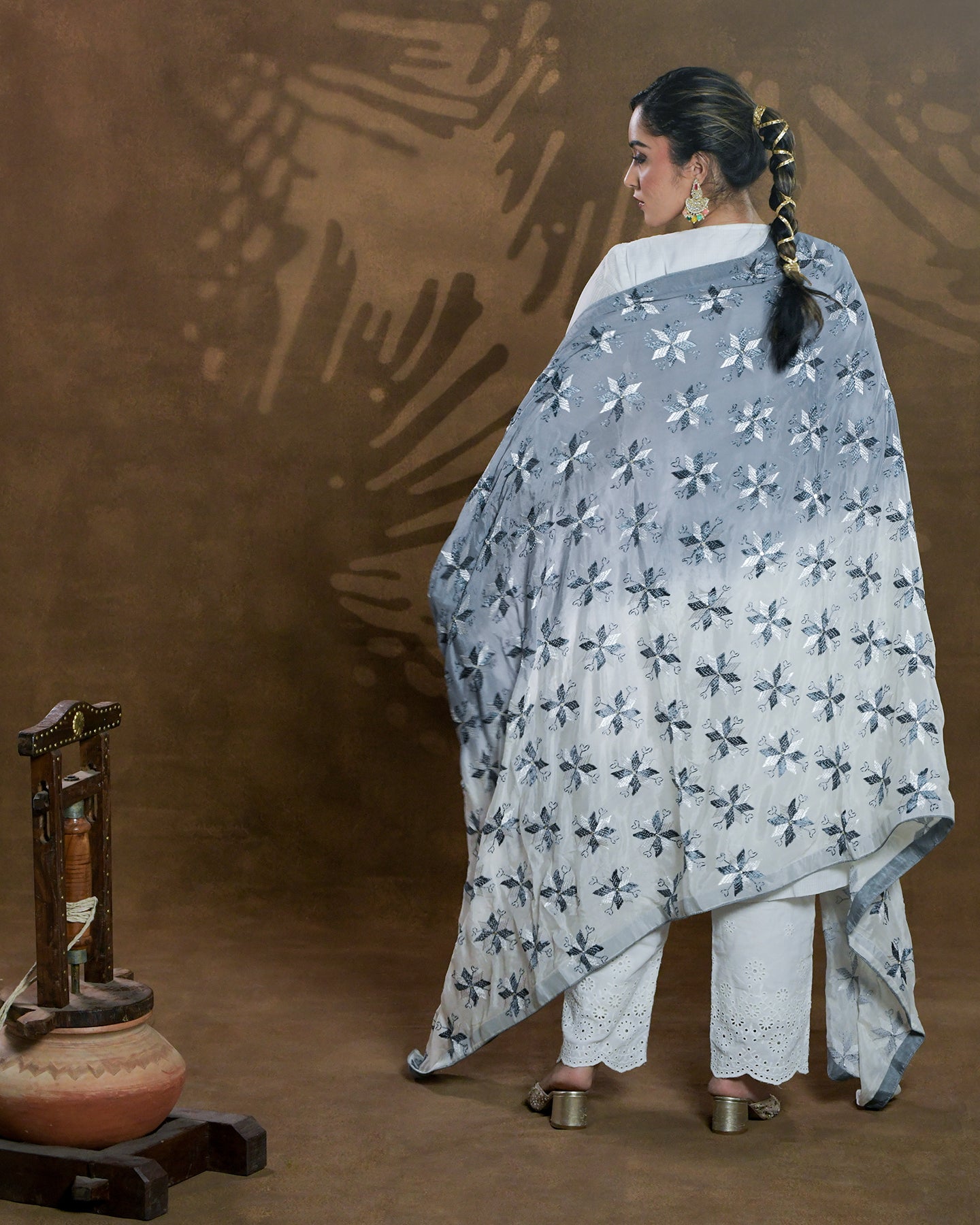 Pure Chinon Silk Hand Embroidered Phulkari Dupatta - Shaded Grey White+  multicolor + royal + antique + Artisanal + Punjab + Tradition + Women + MakeInIndia + Handicraft + Panjab + Rang + Colours + Girl Clothing + Fulkari + Threads + Colours + Colors + Embroidery + Handwork + Artisan + Stylish + Royalty + Royal + Decoration + Decor+ Heritage Punjab + NRI + shagan + sangeet + wedding + vyah + engagement + party + best + top + premium + import + export + shahi + gift + unique + light + heavy + rural + patiala