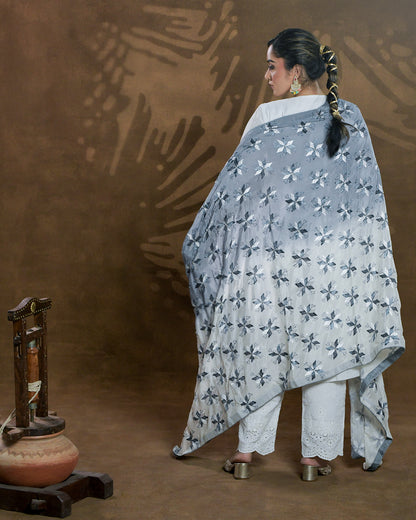 Pure Chinon Silk Hand Embroidered Phulkari Dupatta - Shaded Grey White+  multicolor + royal + antique + Artisanal + Punjab + Tradition + Women + MakeInIndia + Handicraft + Panjab + Rang + Colours + Girl Clothing + Fulkari + Threads + Colours + Colors + Embroidery + Handwork + Artisan + Stylish + Royalty + Royal + Decoration + Decor+ Heritage Punjab + NRI + shagan + sangeet + wedding + vyah + engagement + party + best + top + premium + import + export + shahi + gift + unique + light + heavy + rural + patiala