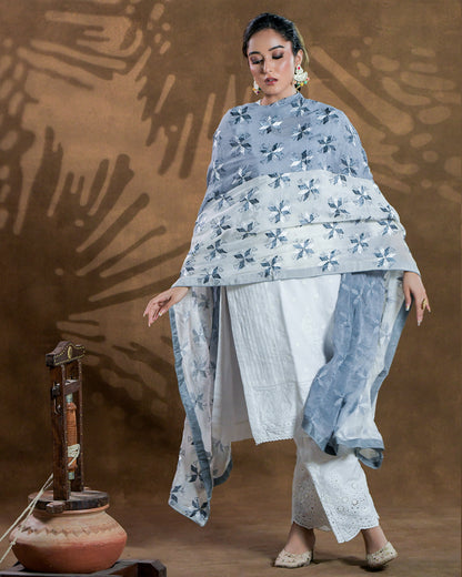 Pure Chinon Silk Hand Embroidered Phulkari Dupatta - Shaded Grey White+  multicolor + royal + antique + Artisanal + Punjab + Tradition + Women + MakeInIndia + Handicraft + Panjab + Rang + Colours + Girl Clothing + Fulkari + Threads + Colours + Colors + Embroidery + Handwork + Artisan + Stylish + Royalty + Royal + Decoration + Decor+ Heritage Punjab + NRI + shagan + sangeet + wedding + vyah + engagement + party + best + top + premium + import + export + shahi + gift + unique + light + heavy + rural + patiala