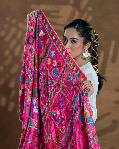 Pure Silk Hand Embroidered Phulkari Dupatta - 52 bavan bawan bagh+  multicolor + royal + antique + Artisanal + Punjab + Tradition + Women + MakeInIndia + Handicraft + Panjab + Rang + Colours + Girl Clothing + Fulkari + Threads + Colours + Colors + Embroidery + Handwork + Artisan + Stylish + Royalty + Royal + Decoration + Decor+ Heritage Punjab + NRI + shagan + sangeet + wedding + vyah + engagement + party + best + top + premium + import + export + shahi + gift + unique + bride+ heavy + rural + patiala