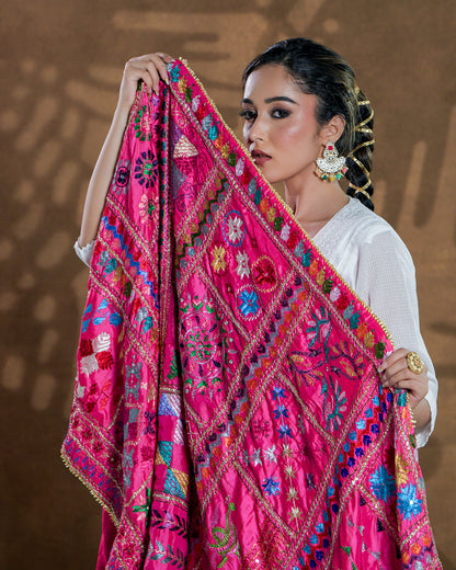 Pure Silk Hand Embroidered Phulkari Dupatta - 52 bavan bawan bagh+  multicolor + royal + antique + Artisanal + Punjab + Tradition + Women + MakeInIndia + Handicraft + Panjab + Rang + Colours + Girl Clothing + Fulkari + Threads + Colours + Colors + Embroidery + Handwork + Artisan + Stylish + Royalty + Royal + Decoration + Decor+ Heritage Punjab + NRI + shagan + sangeet + wedding + vyah + engagement + party + best + top + premium + import + export + shahi + gift + unique + bride+ heavy + rural + patiala