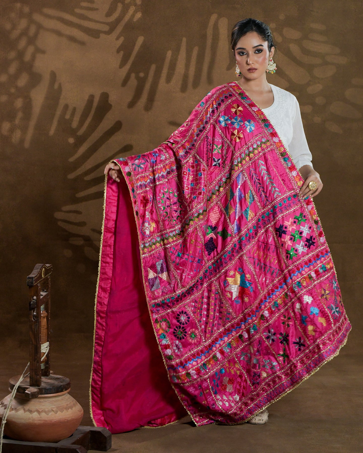 Pure Silk Hand Embroidered Phulkari Dupatta - 52 bavan bawan bagh+  multicolor + royal + antique + Artisanal + Punjab + Tradition + Women + MakeInIndia + Handicraft + Panjab + Rang + Colours + Girl Clothing + Fulkari + Threads + Colours + Colors + Embroidery + Handwork + Artisan + Stylish + Royalty + Royal + Decoration + Decor+ Heritage Punjab + NRI + shagan + sangeet + wedding + vyah + engagement + party + best + top + premium + import + export + shahi + gift + unique + bride+ heavy + rural + patiala