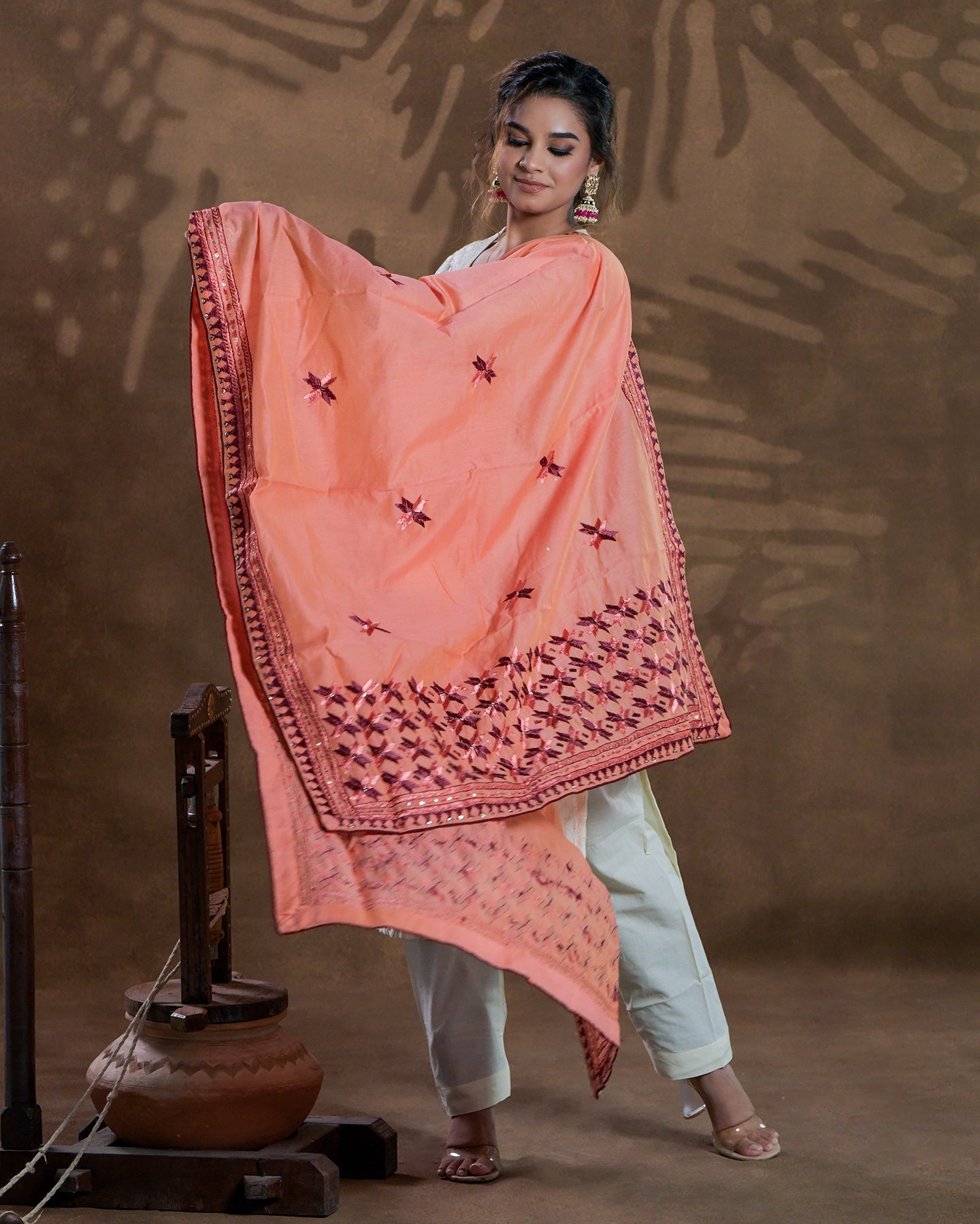 Pure Chanderi Silk Hand Embroidered Phulkari Dupatta - Peach +  multicolor + royal + antique + Artisanal + Punjab + Tradition + Women + MakeInIndia + Handicraft + Panjab + Rang + Colours + Girl Clothing + Fulkari + Threads + Colours + Colors + Embroidery + Handwork + Artisan + Stylish + Royalty + Royal + Decoration + Decor+ Heritage Punjab + NRI + shagan + sangeet + wedding + vyah + engagement + party + best + top + premium + import + export + shahi + gift + unique + light + heavy + rural + patiala