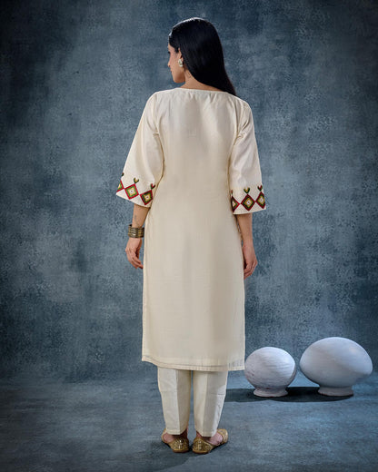 Pure Chanderi Hand Embroidered Phulkari Kurti - Bavarian Cream + Artisanal + Punjab + Tradition + Women + MakeInIndia + Handicraft + Panjab + Rang + Colours + Girl Clothing + Fulkari + Threads + Colours + Colors + Embroidery + Handwork + Artisan + Stylish