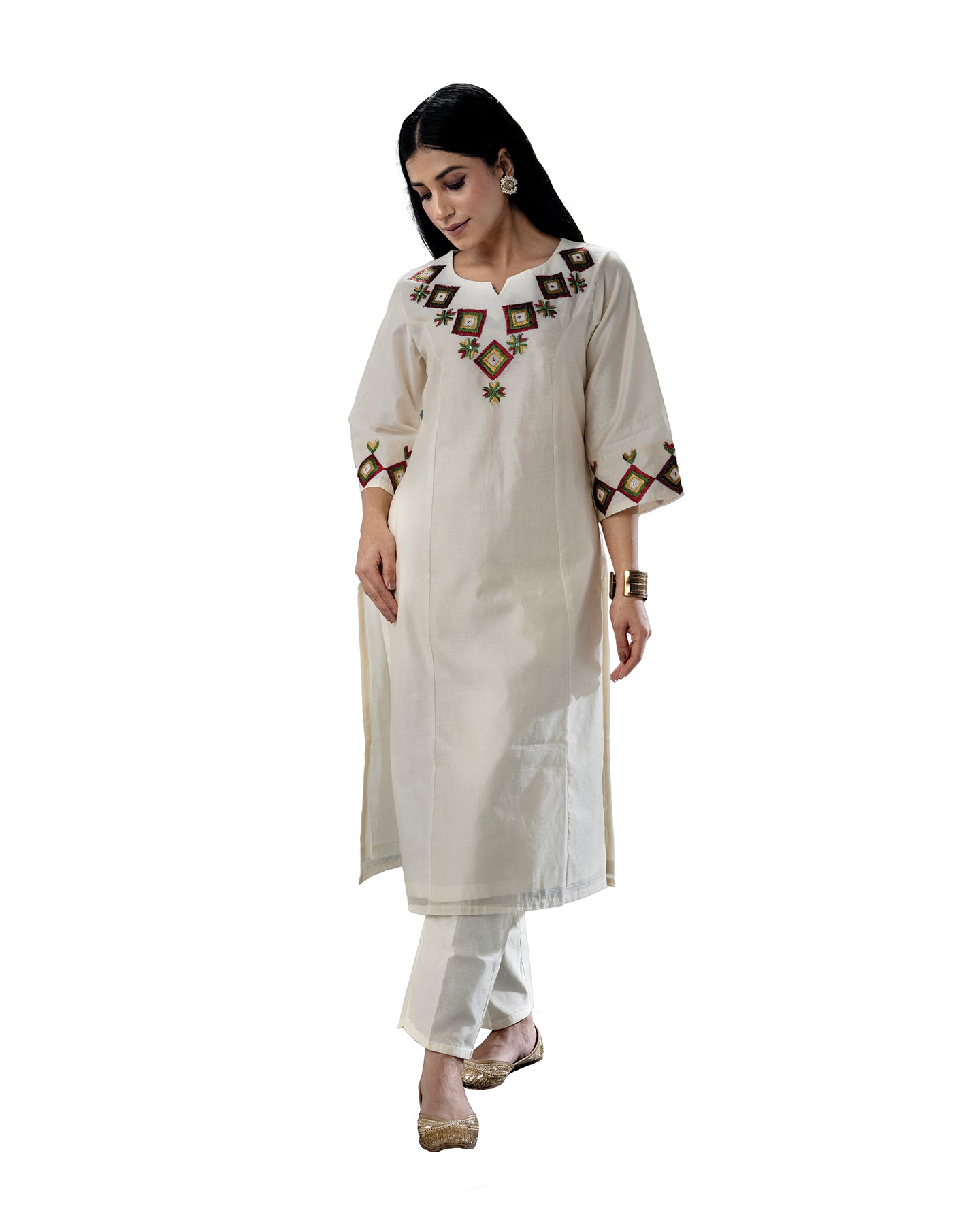 Pure Chanderi Hand Embroidered Phulkari Kurti Pant - Bavarian Cream + Artisanal + Punjab + Tradition + Women + MakeInIndia + Handicraft + Panjab + Rang + Colours + Girl Clothing + Fulkari + Threads + Colours + Colors + Embroidery + Handwork + Artisan + Stylish + Luxury + Modern + Designer + Ethnic + Women + Artisan + premium + aesthetic + royal + date + sangeet + kitty + path + gift