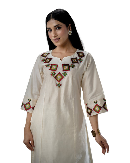 Pure Chanderi Hand Embroidered Phulkari Kurti Pant - Bavarian Cream + Artisanal + Punjab + Tradition + Women + MakeInIndia + Handicraft + Panjab + Rang + Colours + Girl Clothing + Fulkari + Threads + Colours + Colors + Embroidery + Handwork + Artisan + Stylish + Luxury + Modern + Designer + Ethnic + Women + Artisan + premium + aesthetic + royal + date + sangeet + kitty + path + gift